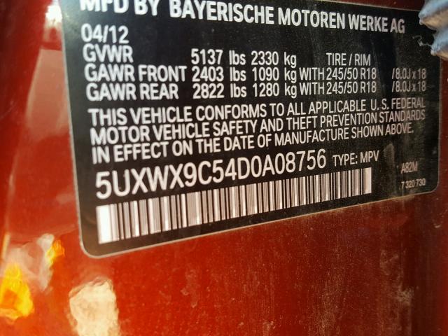 5UXWX9C54D0A08756 - 2013 BMW X3 XDRIVE2 RED photo 10