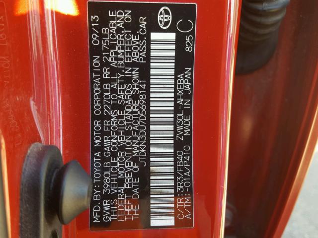 JTDKN3DU7D5698141 - 2013 TOYOTA PRIUS 红色 照片 10