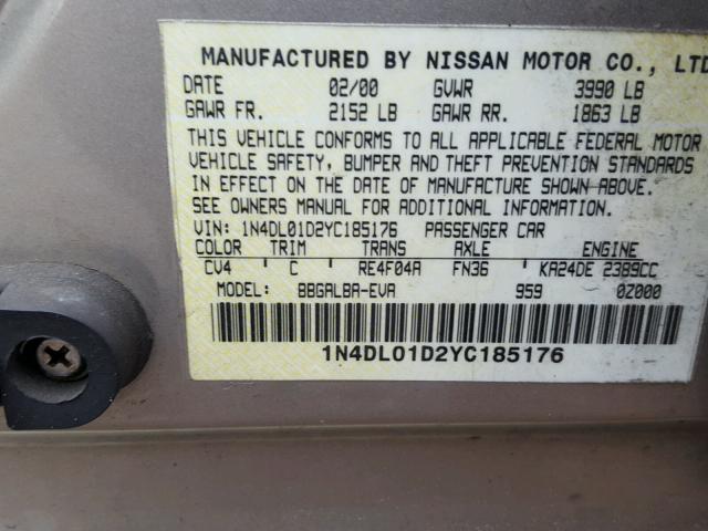 1N4DL01D2YC185176 - 2000 NISSAN ALTIMA XE BEIGE photo 10