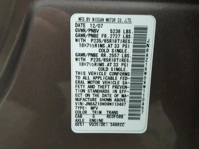 JN8AZ18W09W110487 - 2009 NISSAN MURANO S CHARCOAL photo 10