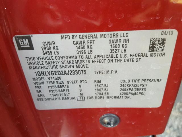 1GNLVGED2AJ233075 - 2010 CHEVROLET TRAVERSE L RED photo 10