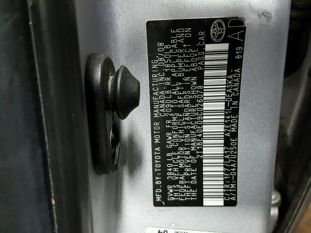 2T1BE40E09C026078 - 2009 TOYOTA COROLLA XR SILVER photo 10