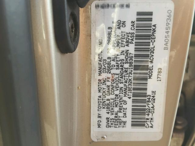 4T1BE32K73U198367 - 2003 TOYOTA CAMRY LE 棕色 照片 10