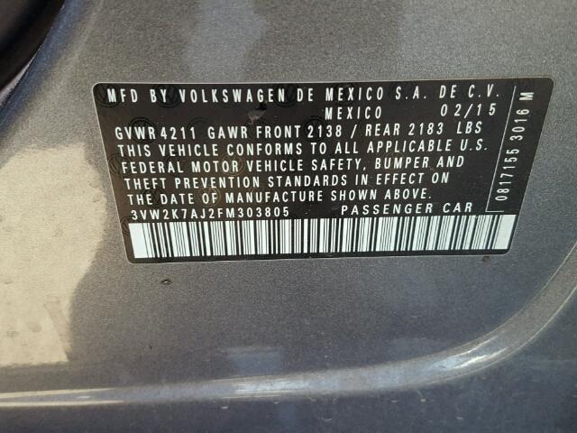 3VW2K7AJ2FM303805 - 2015 VOLKSWAGEN JETTA BASE GRAY photo 10