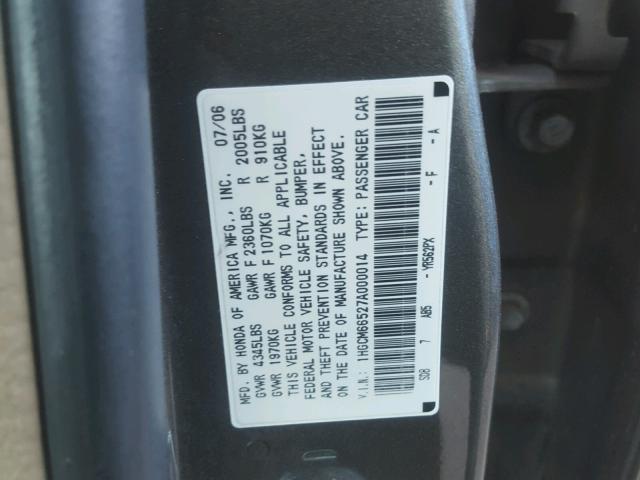 1HGCM66527A000014 - 2007 HONDA ACCORD EX GRAY photo 10