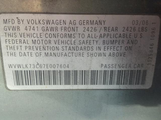 WVWLK73C67E007604 - 2007 VOLKSWAGEN PASSAT 2.0 GREEN photo 10