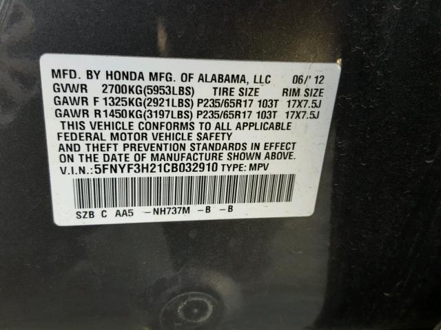 5FNYF3H21CB032910 - 2012 HONDA PILOT LX CHARCOAL photo 10