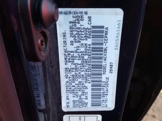 4T1BE32K03U203344 - 2003 TOYOTA CAMRY LE BLUE photo 10