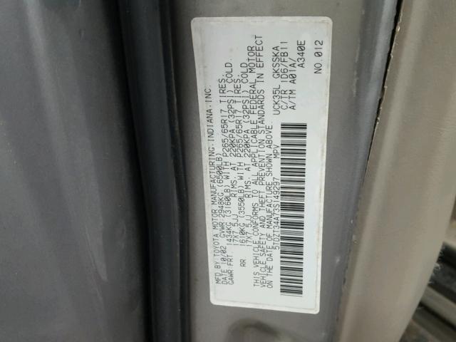 5TDZT34A73S149297 - 2003 TOYOTA SEQUOIA SR GRAY photo 10