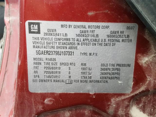 5GAER23798J107331 - 2008 BUICK ENCLAVE CX RED photo 10