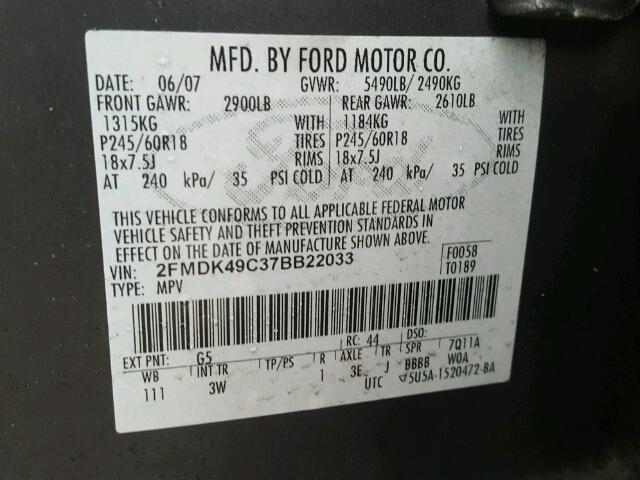 2FMDK49C37BB22033 - 2007 FORD EDGE SEL P GRAY photo 10