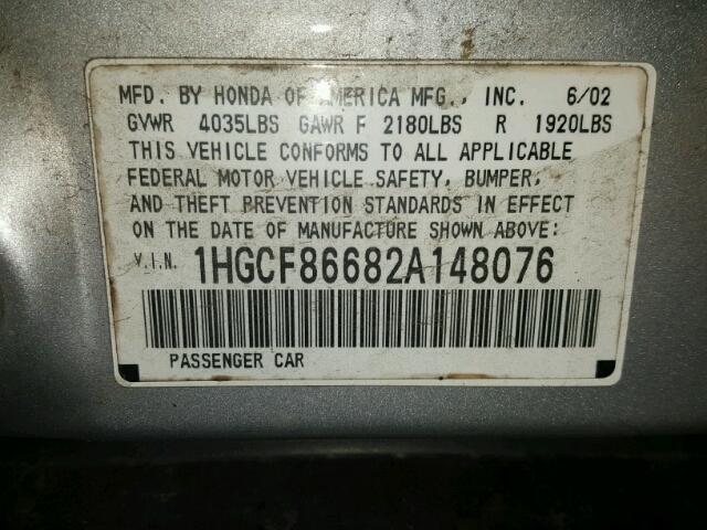 1HGCF86682A148076 - 2002 HONDA ACCORD VAL SILVER photo 10