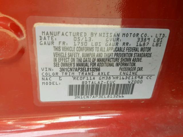 3N1CN7AP3EL813266 - 2014 NISSAN VERSA RED photo 10