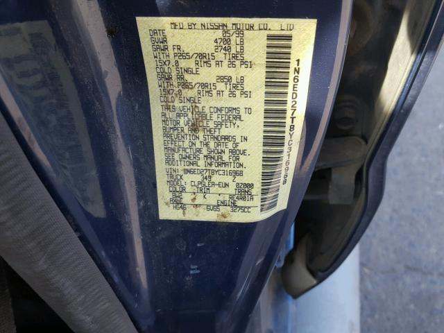 1N6ED27T8YC316968 - 2000 NISSAN FRONTIER C BLUE photo 10