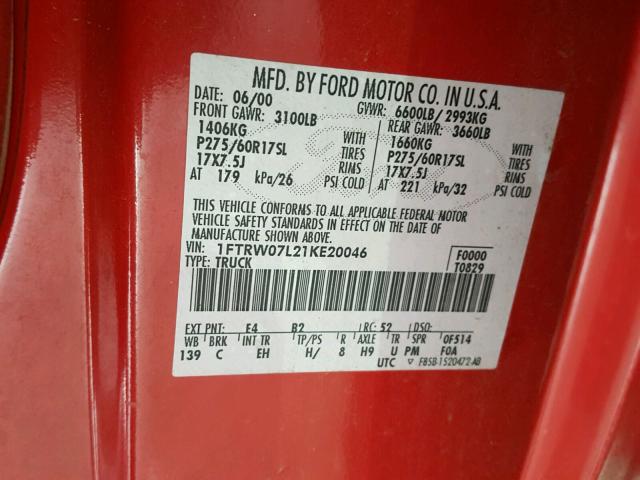 1FTRW07L21KE20046 - 2001 FORD F150 SUPER RED photo 10