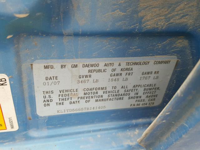 KL1TD56657B141405 - 2007 CHEVROLET AVEO BASE BLUE photo 10