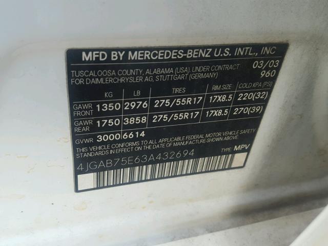 4JGAB75E63A432694 - 2003 MERCEDES-BENZ ML 500 WHITE photo 10