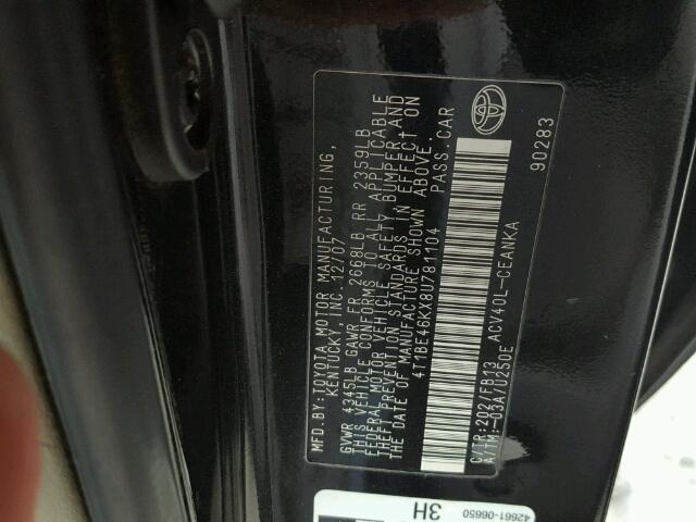 4T1BE46KX8U781104 - 2008 TOYOTA CAMRY CE CHARCOAL photo 10