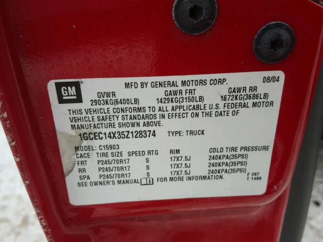 1GCEC14X35Z128374 - 2005 CHEVROLET SILVERADO RED photo 10