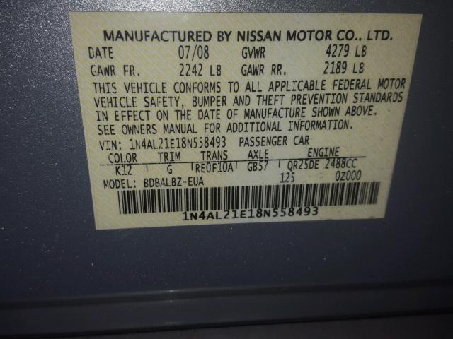 1N4AL21E18N558493 - 2008 NISSAN ALTIMA 2.5 SILVER photo 10