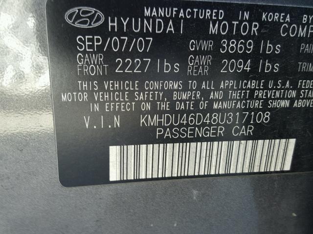 KMHDU46D48U317108 - 2008 HYUNDAI ELANTRA GL GRAY photo 10