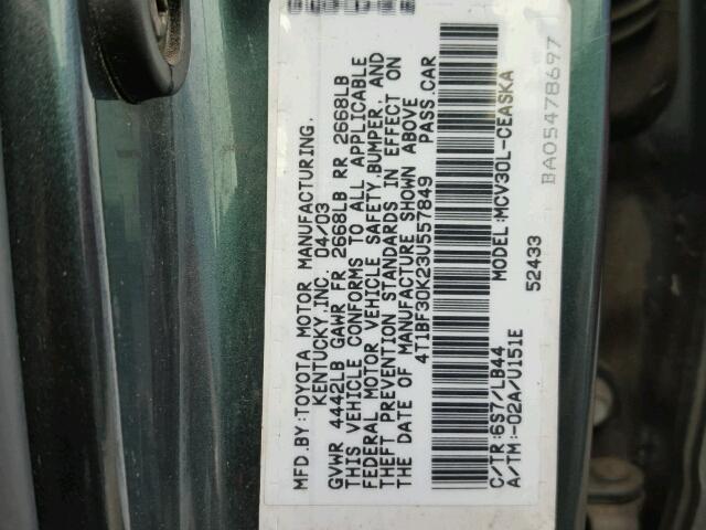 4T1BF30K23U557849 - 2003 TOYOTA CAMRY LE GREEN photo 10