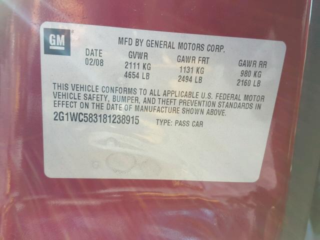 2G1WC583181238915 - 2008 CHEVROLET IMPALA LT RED photo 10