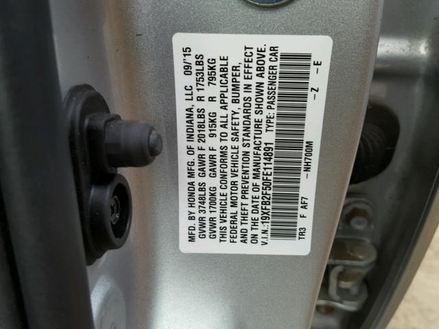 19XFB2F50FE114891 - 2015 HONDA CIVIC LX SILVER photo 10