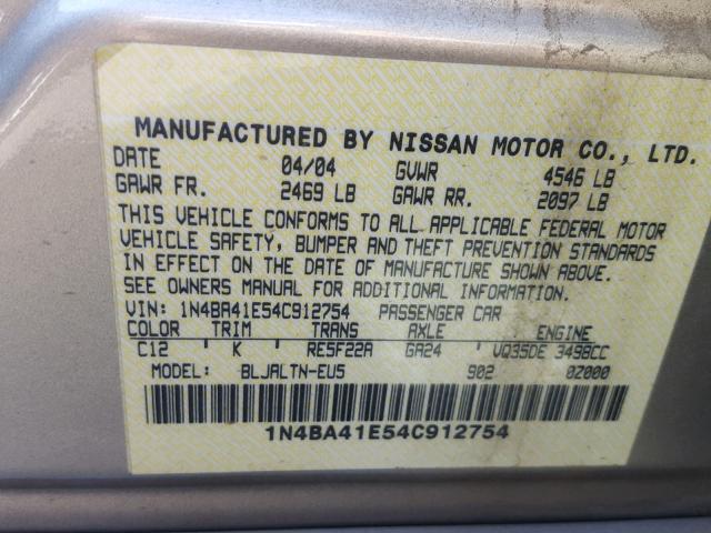 1N4BA41E54C912754 - 2004 NISSAN MAXIMA SE TAN photo 10