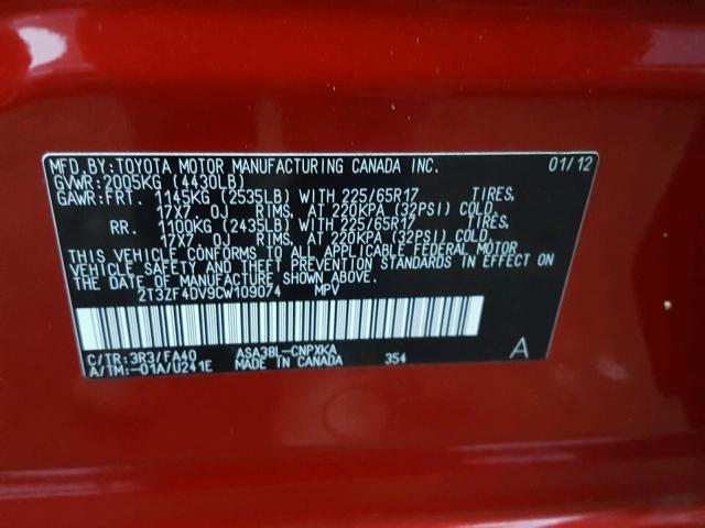 2T3ZF4DV9CW109074 - 2012 TOYOTA RAV4 RED photo 10