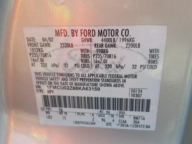 1FMCU02Z88KA63159 - 2008 FORD ESCAPE XLS SILVER photo 10