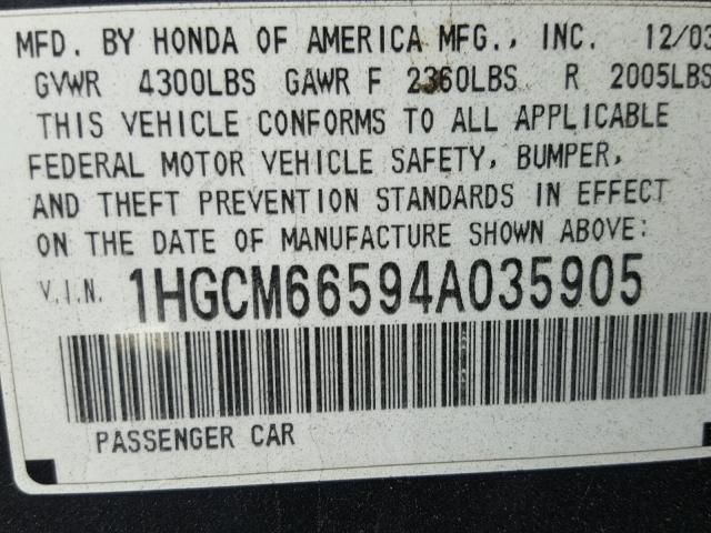 1HGCM66594A035905 - 2004 HONDA ACCORD EX GRAY photo 10