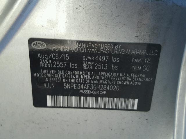 5NPE34AF3GH284020 - 2016 HYUNDAI SONATA SPO SILVER photo 10