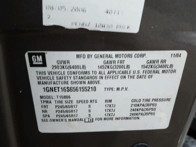 1GNET16S656155210 - 2005 CHEVROLET TRAILBLAZE GRAY photo 10