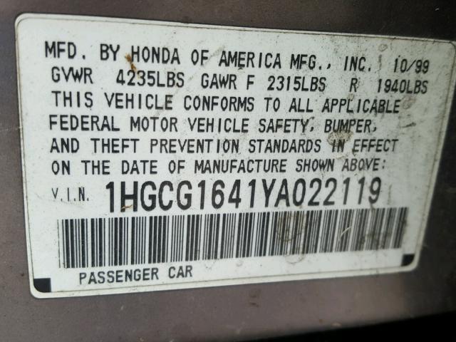 1HGCG1641YA022119 - 2000 HONDA ACCORD LX SILVER photo 10