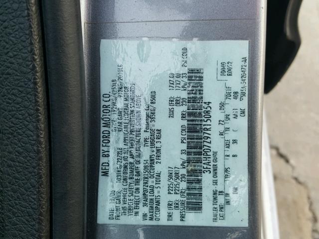 3FAHP07Z97R150854 - 2007 FORD FUSION SE GRAY photo 10