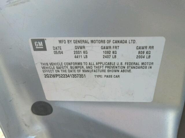 2G2WP522341357351 - 2004 PONTIAC GRAND PRIX Արծաթագույն լուսանկար 10