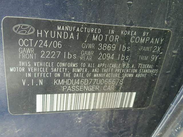 KMHDU46D77U066678 - 2007 HYUNDAI ELANTRA GL BLUE photo 10