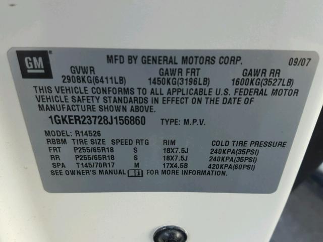 1GKER23728J156860 - 2008 GMC ACADIA SLT თეთრი ფოტო 10