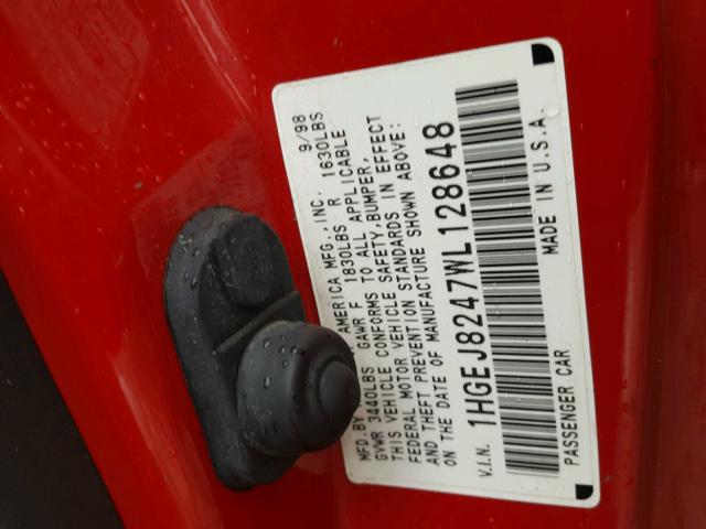 1HGEJ8247WL128648 - 1998 HONDA CIVIC EX RED photo 10