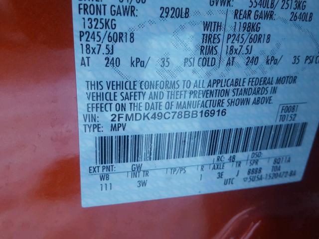 2FMDK49C78BB16916 - 2008 FORD EDGE LIMIT ORANGE photo 10