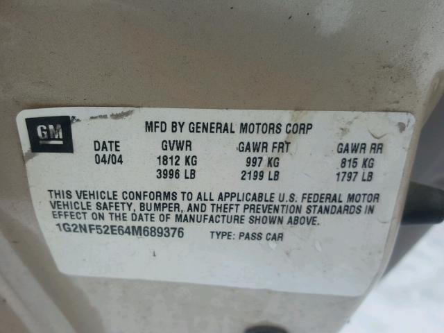 1G2NF52E64M689376 - 2004 PONTIAC GRAND AM S TAN photo 10