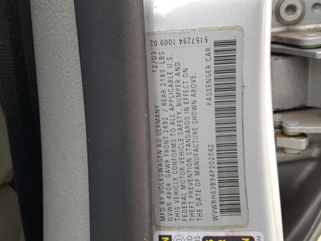 WVWRH63B94P202042 - 2004 VOLKSWAGEN PASSAT GLX SILVER photo 10