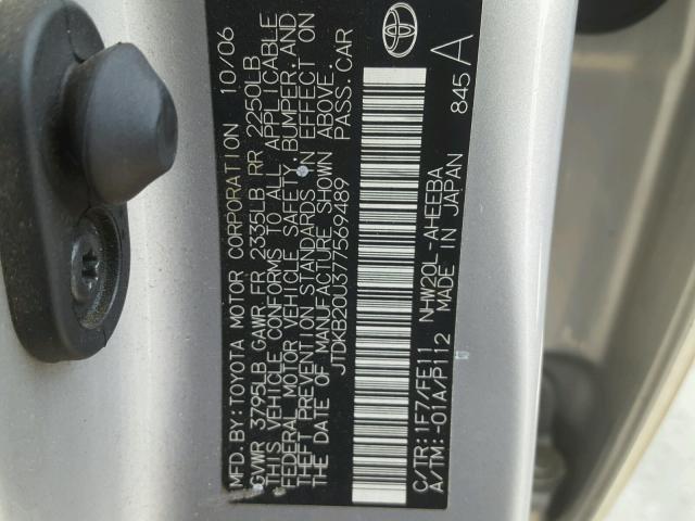 JTDKB20U377569489 - 2007 TOYOTA PRIUS SILVER photo 10