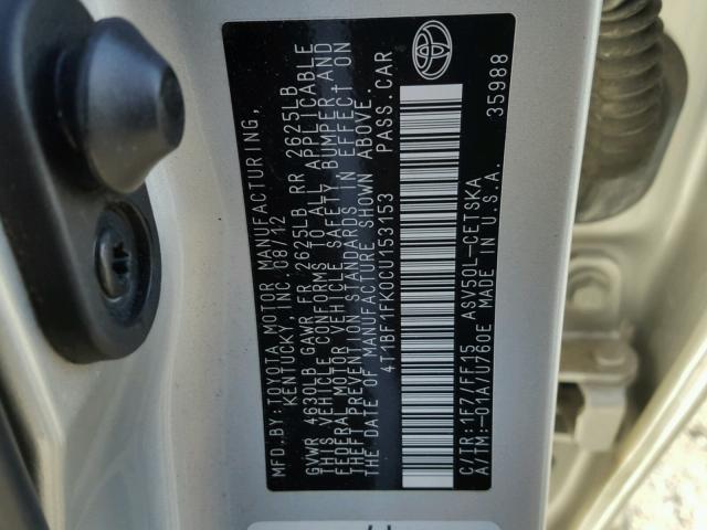 4T1BF1FK0CU153153 - 2012 TOYOTA CAMRY BASE SILVER photo 10