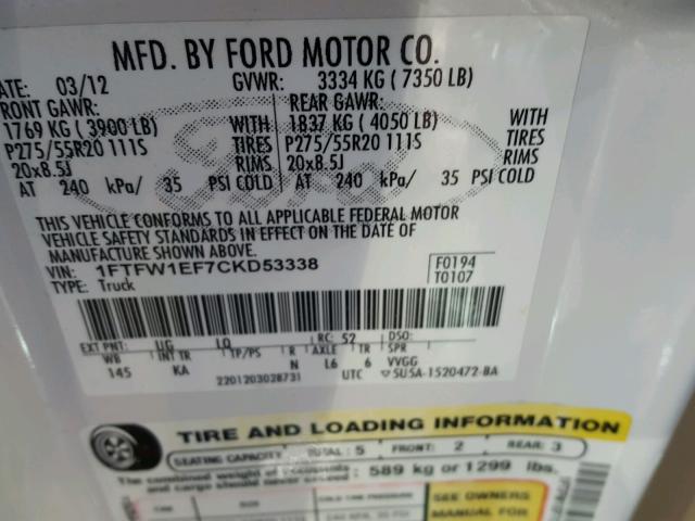 1FTFW1EF7CKD53338 - 2012 FORD F150 SUPER WHITE photo 10