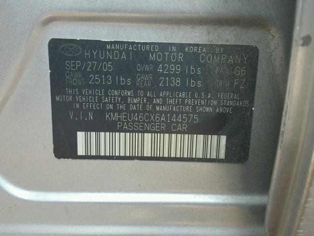 KMHEU46CX6A144575 - 2006 HYUNDAI SONATA GLS GRAY photo 10