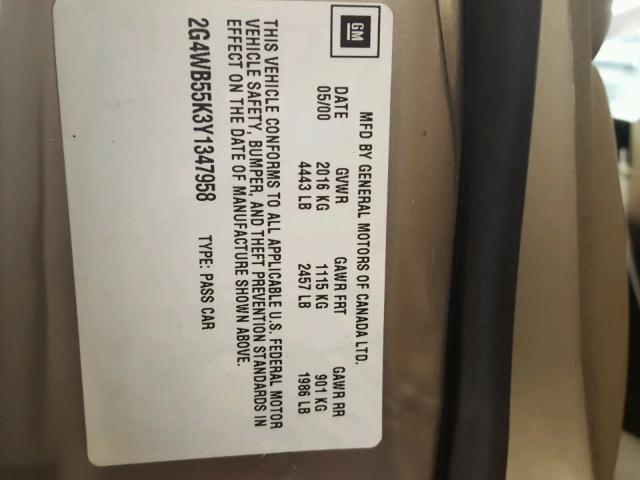 2G4WB55K3Y1347958 - 2000 BUICK REGAL LS 棕色 照片 10