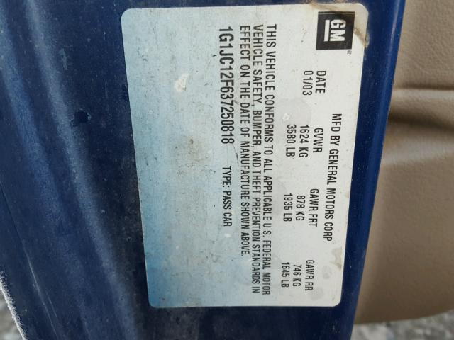 1G1JC12F637250818 - 2003 CHEVROLET CAVALIER BLUE photo 10