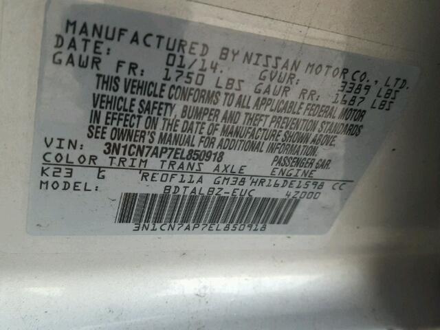 3N1CN7AP7EL850918 - 2014 NISSAN VERSA S SILVER photo 10